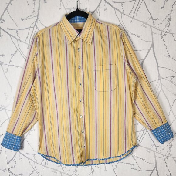 Georg Roth Yellow Stripe Cotton Blend Contrast Flip Cuff Shirt - Picture 3 of 6